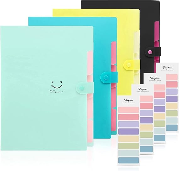 SKYDUE Expanding Folder Document Wallet A4 with Colourful Labels Expandable Folder Folder System with Press Stud Button Document Folder for Office Home School Everyday (4 Packs 5 Pockets)
