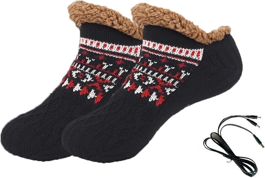 PURFUN Electric Heated Fleece Socks for Women Teens, Winter Cozy Fleece Lining Foot USB Heating Pad Anti-Slip Thermal Christmas Home Knitted Heat Socks Indoor Slippers Foot Warmer Heater Footwear