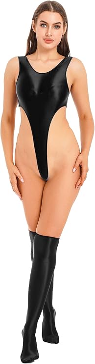 Hedmy Womens Glossy Swimsuit Sexy Shiny Silk High Cut Thongs Bodysuit with Short Stockings Suit