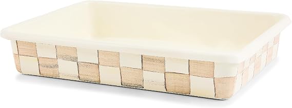 MACKENZIE-CHILDS Enamel Baking Pan, 9" x 13", Brown-and-White Mocha Check | Hand-painted rectangular oven pan for baking and serving, made from enameled steel, ideal for casseroles, cakes, and more