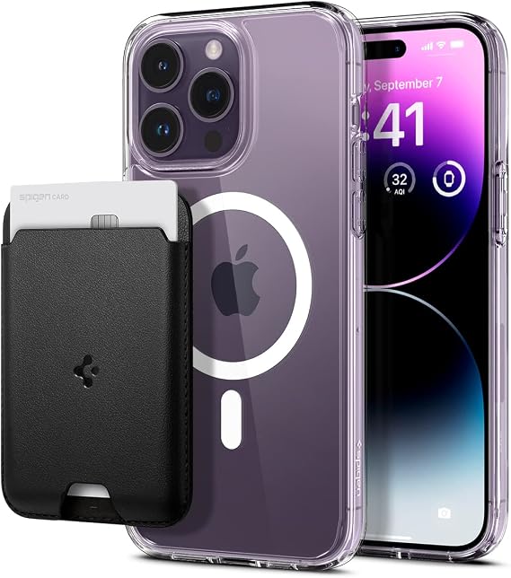 Spigen Ultra Hybrid (MagFit) Designed for iPhone 14 Pro Max Case and Valentinus (MagFit) Magnetic Wallet Card Holder 3-Cards Designed for MagSafe Compatible with iPhone 14 Pro