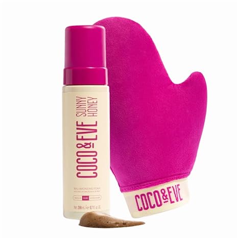Coco & Eve Sunny Honey Deluxe Self-Tanning Kit - Bali Tanning Mousse with Velvet Glove for Self Application and Carry Bag