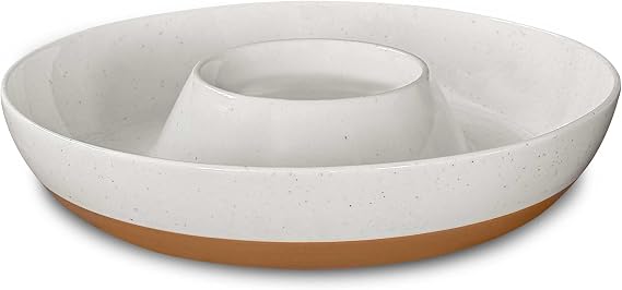 Mora Ceramic Chips and Dip Serving Tray: Large Divided Party Bowl Set for Chips & Salsa, Veggies & Dip, Fruit, Snacks, Entertaining, Hosting, etc. Minimalist Design for the Modern Hostess - White