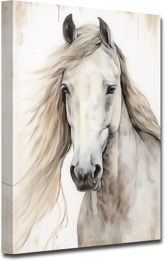 Canvas Wall Art Animal,Horse Head Paintings,Farmhouse White Horse Portrait Picture Prints Living Room Decor Framed(Horse Art-2,12x18inch (30x45cm))
