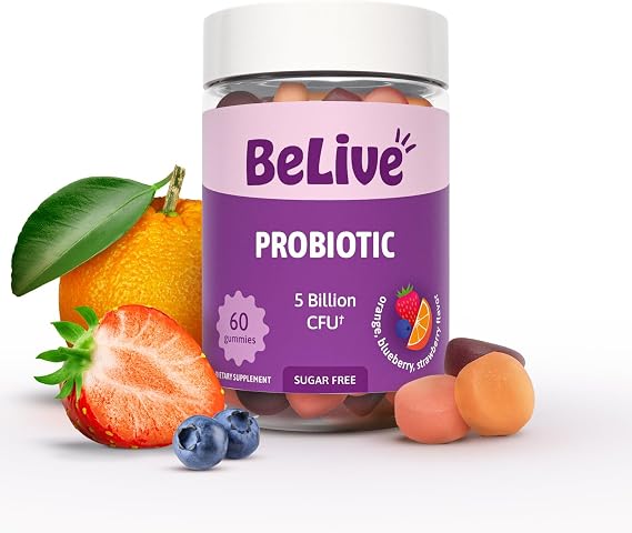 BeLive Probiotic Gummies - Probiotics with 5 Billion CFUs for Digestive Health, Men, Women & Kids - for Immune Support, Sugar Free & Vegan | 60 Ct Blueberry, Strawberry & Orange