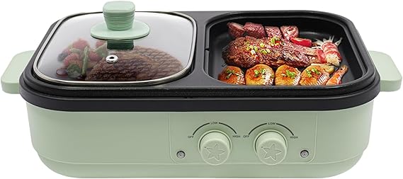 2-in-1 Electric Hot Pot Electric Hot Pot with Grill Area Multi-purpose Hot Pot Korean BBQ Grill 1300W Double U-Shaped Heating Tubes Dual Temperature Control (Green)
