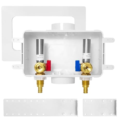 HeSun Washing Machine (Laundry) Outlet Box, 1/2 Inch Crimp Inlet x 3/4 Inch MHT Outlet, Pex Washer Box with Center Double Drain, with Stainless Steel Arrestor