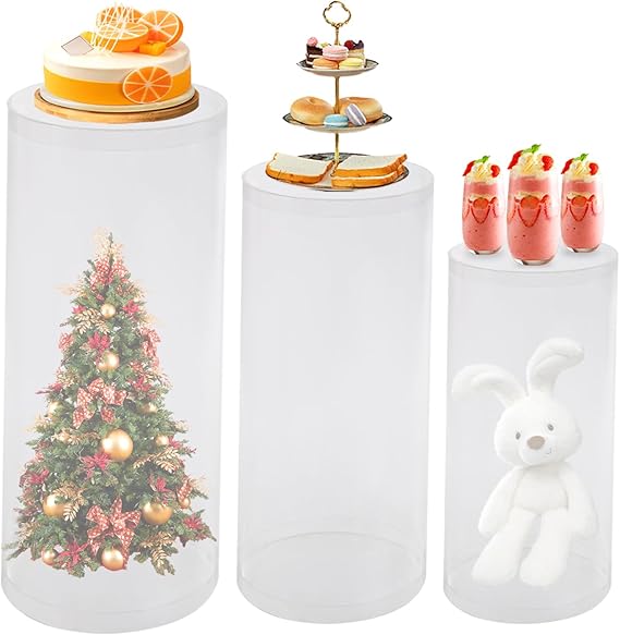 White Round Cylinder Pedestal Stands Display, Set of 3 Pedestal Display Round Cylinder Stands, Plinth Pillars for Wedding Party Decor Large Cylinder Tables for Parties (3pcs)