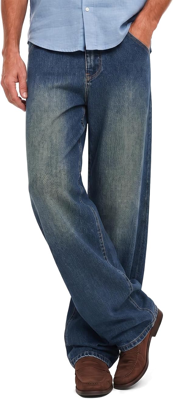 Mens Relaxed Stretch Wide Leg Jeans,5-Pocket Vintage