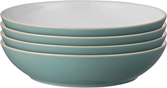 Denby - Elements Fern Green Pasta Bowls Set of 4 - Dishwasher Microwave Safe Crockery 1050ml 22cm - Green, White Ceramic Stoneware Tableware - Chip & Crack Resistant