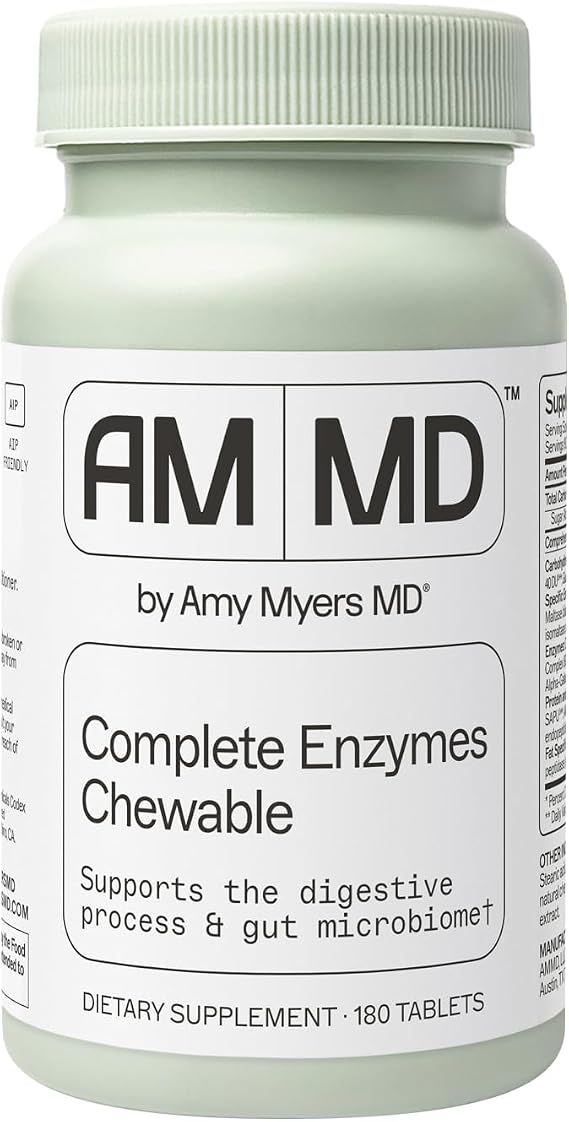 Amy Myers MD Digestive Enzymes Chewable Complete Enzymes Support Leaky Gut, Acid Reflux, Gas, Bloating, Gluten Exposure Amylase, Lipase, Lactase, Alkaline, Protease, Sucrase + More 180 Tablets