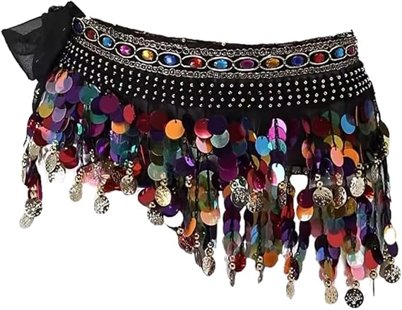 Belly Dance Hip Scarf Belly Dance Skirt Wrap Performance Bling Sequins Coins, for Costume Carnivals, Parties, Dances