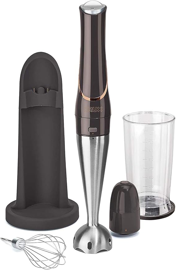 Crux Cordless Hand Immersion Blender, 7.5 inch Blending Arm, Mix, Whip, Puree Sauces/Soups, Rechargeable, Easy to Clean, Dishwasher Safe Removeable Parts, Stainless Steel/Black, 14790