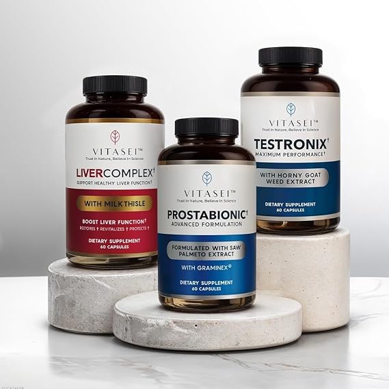 VITASEI Men's Health Power Pack Testronix, Prostabionic & Liver Cleanse Bundle Boost Energy, Muscle, Prostate, and Liver Health with Targeted Supplements