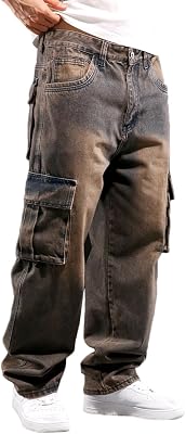 Nutriangee Mens Casual Baggy Cargo Workwear Jeans Loose Fit Straight Leg Hip Hop Denim Pants