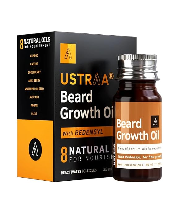 USTRAA Beard Growth Oil - 1.18 Oz - More Beard Growth, With Redensyl, 8 Natural Oils including Jojoba Oil, Vitamin E, Nourishment & Strengthening, No Harmful Chemicals