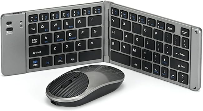 Mini Rechargeable Foldable Bluetooth Keyboard and Mouse Combo, Portable (Sync Up to 3 Devices), Ultra-Slim Travel Folding Keyboard for iPhone iPad Mac Android Windows iOS(Grey)