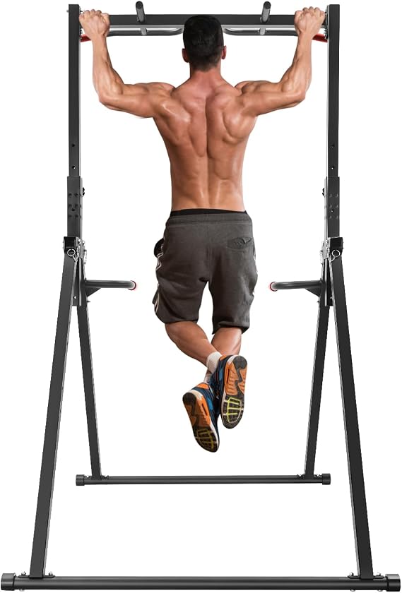 Pull Up Bar Station, Foldable Pull Up Bar Free Standing with Adjustable Height Anti-slip Knobs Comfortable Bars & High Bearing Capacity Multi-function Power Tower Dip Bar for Living Room Bedrooms Gyms