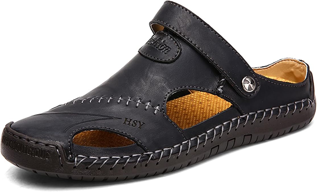 Mens Closed Toe Leather Sandals Summer Casual Fisherman Sandals Walking Outdoor Beach Shoes (898Black 46)