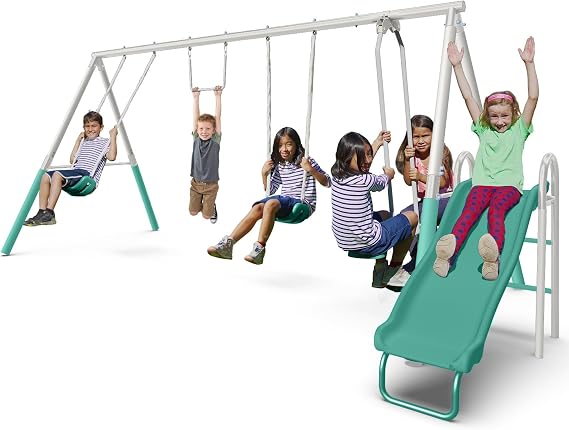 The Swing Company 600LBS Yonkers Metal Swing Set, Outdoor Backyard Playset Kids Aged 3-8 with 2 Swings, Glide Ride, Trapeze, 5ft Slide, Anchor Kit, 6ft Durable Steel Frame