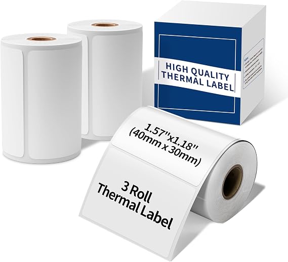 Thermal Sticker Labels, 1.57"1.18" (40x30mm), 690 Labels (3 Rolls of 230 Each), Black on White, Water & Oil Resistant, Suitable for M110/M220/M200/M221/M120 Printers