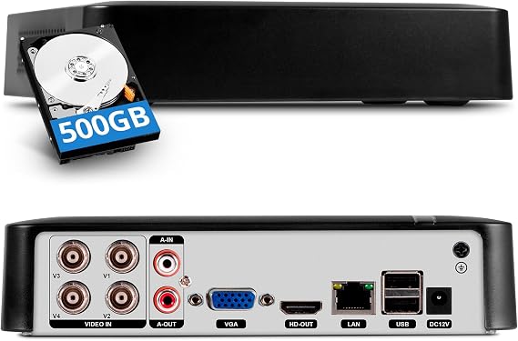 TOWODE 4CH CCTV DVR Recorder with 500G HDD, 4 Channel 1080p H.265+ Hybrid 6-in-1 Home Surveillance Wired DVR for HD-AHD/IP/CVBS/TVI/CVI Analog Security Camera,AI Human Detectio, Mobile APP & PC Remote