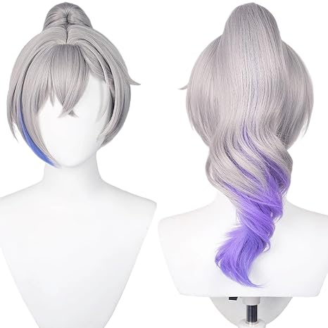 Silver Mixed Blue Long Cosplay Wig with Roman Curls Ponytail Heat Resistant Synthetic Fibre Herb for Adult Women Halloween Costume Wigs
