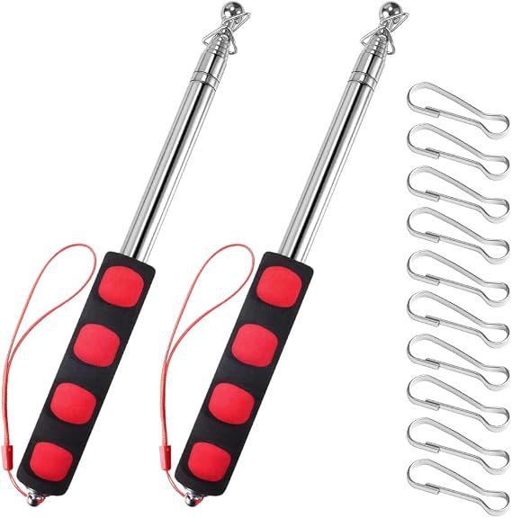 2 Pcs Telescopic Handheld Flagpole with 10 Pieces Flag Pole Clips, 1.2m Stainless Steel Small Extendable Flag Stick for Teacher, Tour, Guide, Flag, Pole Pointer (Red)