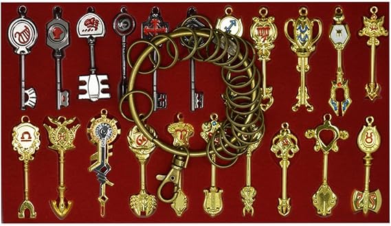 Cosplay Fairytail Keys Lucy Set of 21 Golden Zodiac Keys and Keyring for Children Christmas Day Birthday Gifts(Red Logo)