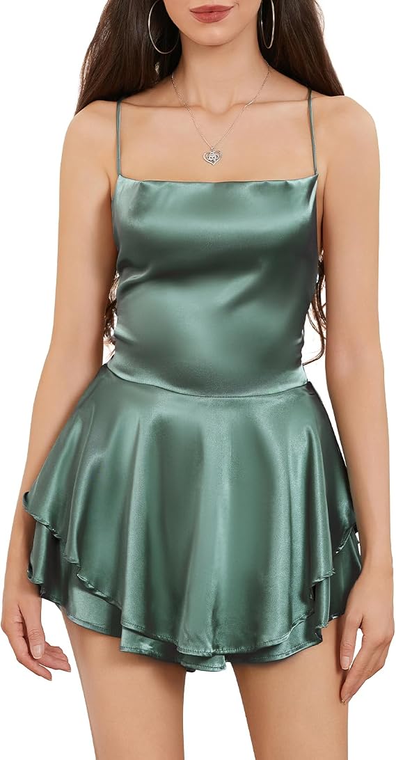 Women Sexy Backless Short Romper Satin Dress Cowl Neck Tie Ruffle Layer Spaghetti Strap Jumpsuit Mini Dress