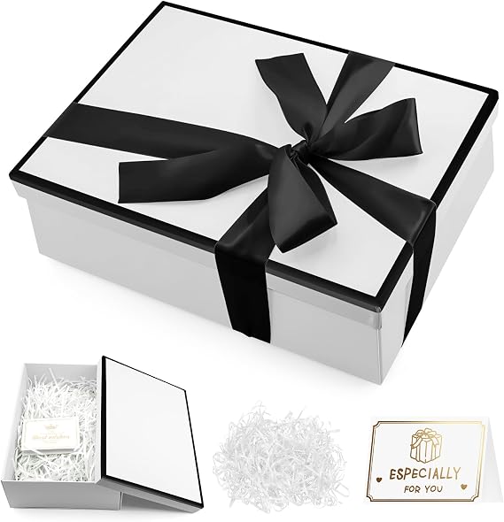 White Gift Box with Lid, Premium Present Box, 25x18x8.5cm | Foldable Present Box with Shredded Paper Ribbon Greeting Card Medium Gift Box for Weddings, Birthdays, Christmas (White)