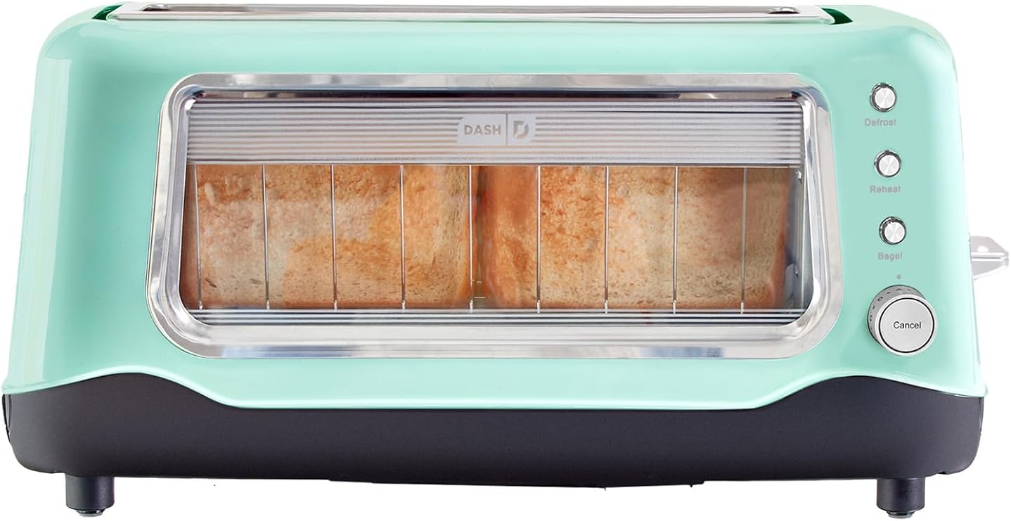 Dash Clear View Toaster | 10" Long Slot 2 Slice Toaster with See-Through Glass Window, 7 Browning Levels, Bagel, Defrost & Reheat Functions,
