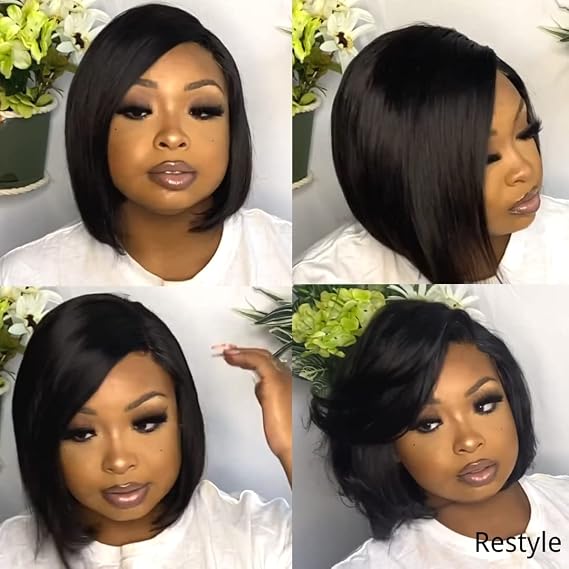 LUVME HAIR 10 Inch Short Bob Wig Human Hair Asymmetric Side Part 4x4 Lace Front Wigs for Women Natural Black