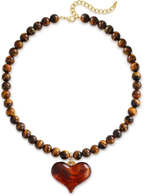 Chunky Stone Beaded Necklace Amber Puffy Resin Heart Pendant Necklace for Women - Tiger Eye Vintage Boho Choker Adjustable Statement Jewelry Gift