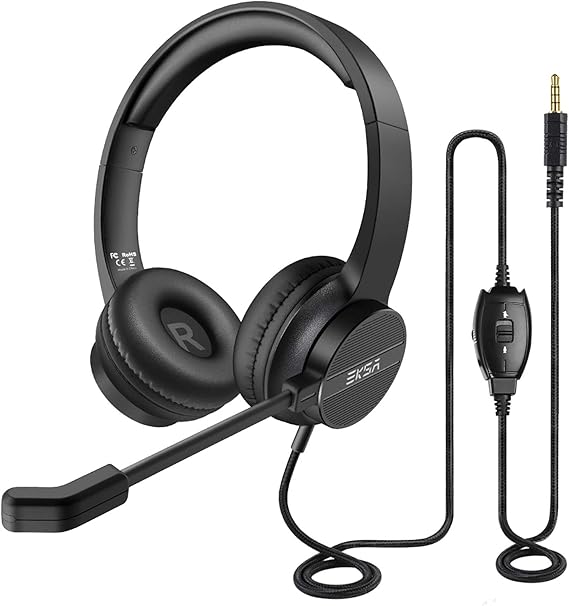 EKSA Headset with Microphone for PC, 3.5mm Wired Computer Headsets with Volume & Mic Mute Controls, Lightweight All-Day Comfort Noise Cancelling Headphones for Laptop Work Office Call Center Skype