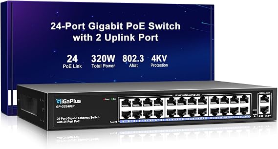 26 Port Gigabit PoE Switch with 24 Port PoE+ 1000Mbps, 2x1000Mbps Uplink, GiGaPlus 26 Port IEEE802.3af/at PoE @320W, Support VLAN, Metal Housing, Desktop or Wall-Mount, Plug & Play