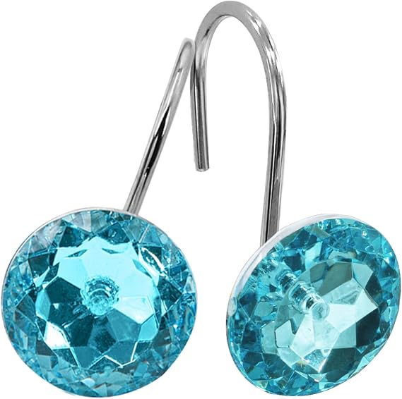 Aqua Diamond Crystal Bling Shower Curtain Hooks Rings for Bathroom,12PCS | Metal Rust Proof Decorative Shower Rings,Round Gem Shower Hangers,Easy Installation,Smooth Sliding