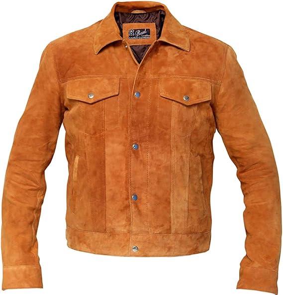 Mens Hugh Jackman Tan Brown Real Suede Leather Trucker Jacket
