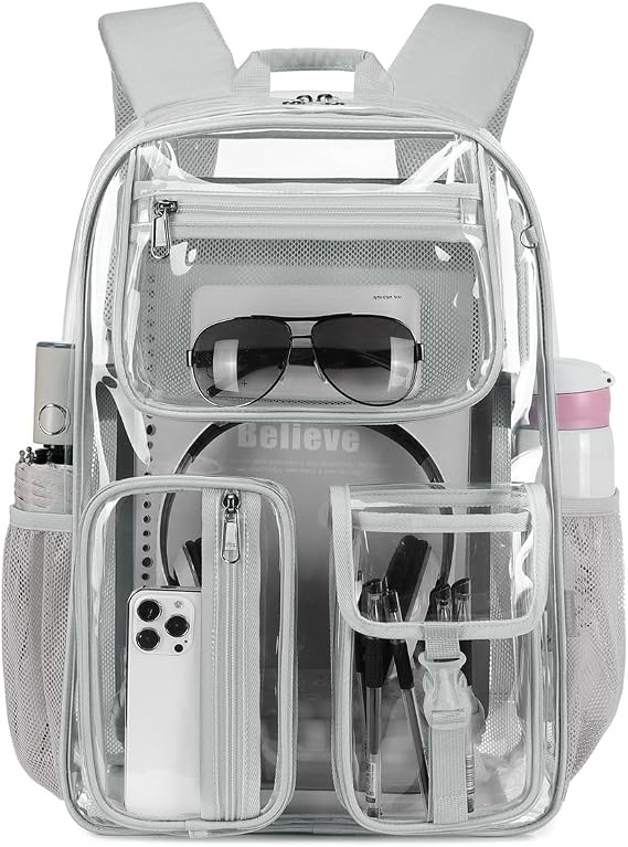 Cusangel Clear Backpack for Stadiums,16.5 x12 x5inch TPU Large Capacity See Through Backpack for Sport Events, School, Travel (16in Grey)
