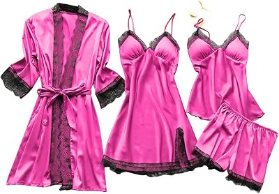 Pajamas for Women Set 4 piece Robes Bridesmaid 34 Sleeve Belted Bathrobe Trim Nightdress Sexy Nightgowns Shorts Set
