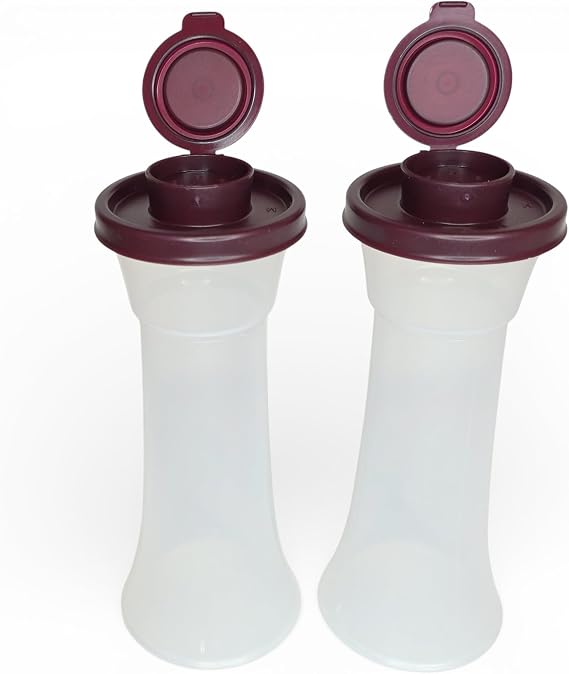 Tupperware Large Hourglass Salt and Pepper Shakers Clear Containers with Dark Vineyard Seals