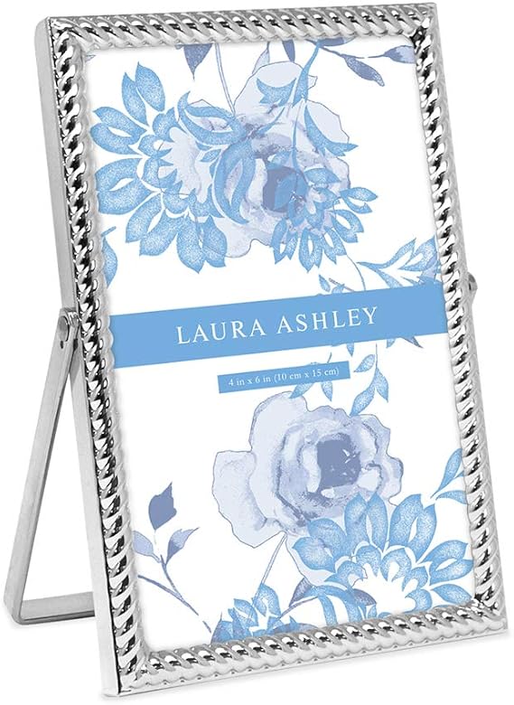 Laura Ashley 4x6 Silver Rope Metal Picture Frame (Vertical) with Pull-Out Easel Stand, Made for Tabletop, Counterspace, Shelf and Desk