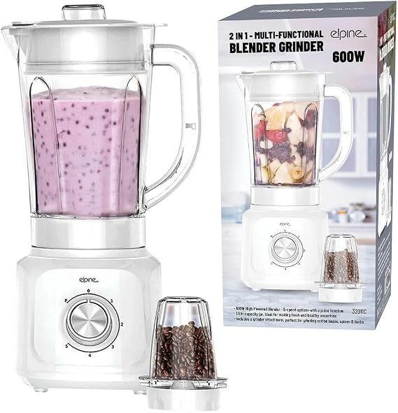 2 In 1 Multi Functional Blenders With Grinder - 500W, 600W Processors | With Plastic Food Jug, Juice Maker, Coffee, Nut & Spice Grinder Attachment | Speed Mode Functions 1.5L (600W 5 Speed, White)