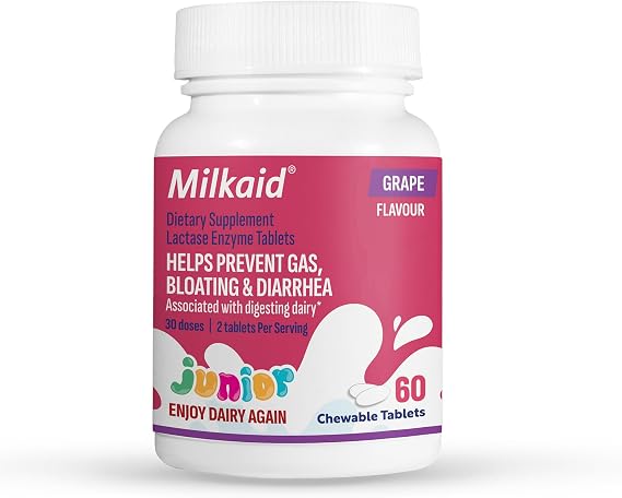 Milkaid Junior Lactase Enzyme Chewable Tablets for Lactose Intolerance | Prevents Gas, Bloating, Diarrhea in Children| Fast Acting Dairy Digestive Supplement for Kids| 60 ct (60 Tablets, Grape)