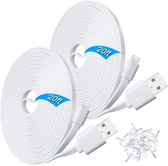 SCOVEE USB Power Extension Cable for Wyze Cam,WyzeCam Pan,YI Home Camera,Nest-Cam Indoor,Oculus Go,Netvue,KasaCam,Furbo Dog,Blink,Flat USB to Micro USB Charging Cord for Wyze-Cam v3 v2 (White, 20ft)