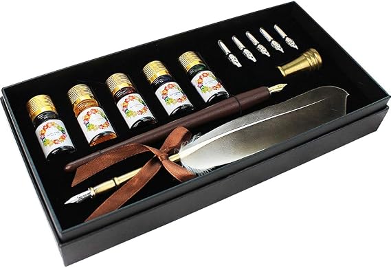 GIFTS Calligraphy Pen Set,12-Piece Kit, 5 Nib & 5 Ink Set,Writing Quill Pen,Anitque Dip Feather Pen Set (wood+feather)