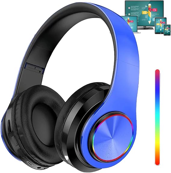 RGB Bluetooth Headphones, Blue, Wired HiFi Stereo, Build in Mic | Foldable Wireless Over Ear with Colorful LED Lights for PC/Laptop/Tablet/Phone Gaming/Exercise/Calling