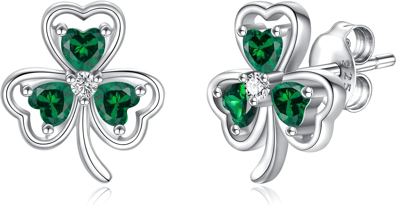 925 Sterling Silver Clover Stud Earrings Shamrock Irish Ear Studs St Patricks Day Jewelry Gifts for Women
