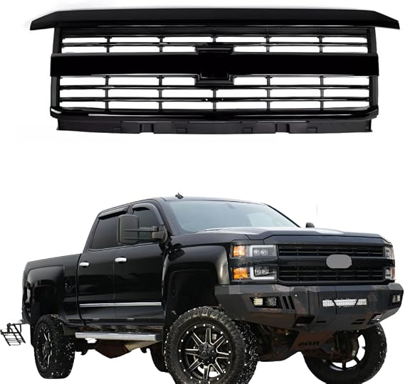 Gloss Black Front Grill Compatible with Chevy Silverado 2500HD/3500HD 2015 2016 2017 2018 2019 Models, No Emblem