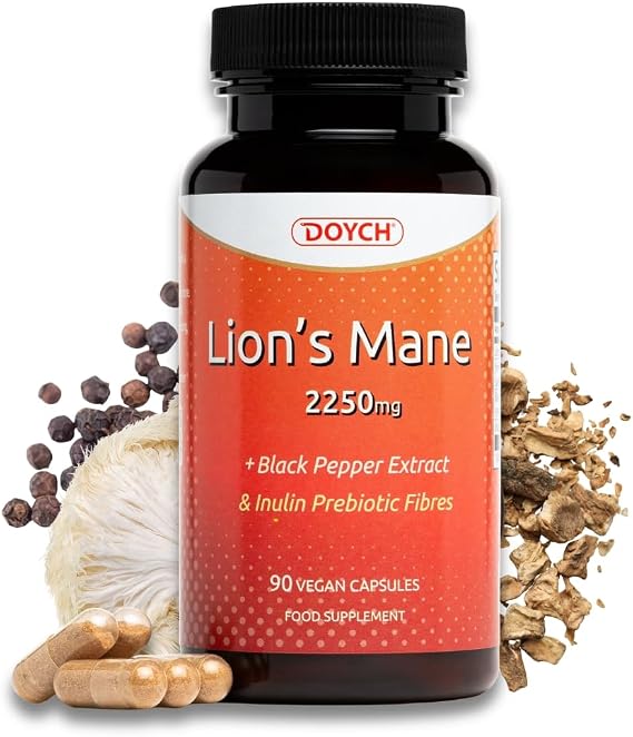 Lions Mane Capsules with Prebiotic Inulin Fibers - 2250 mg Lion's Mane Mushroom - 3 Months Supply - Added Black Pepper Extract for Boosted absoption